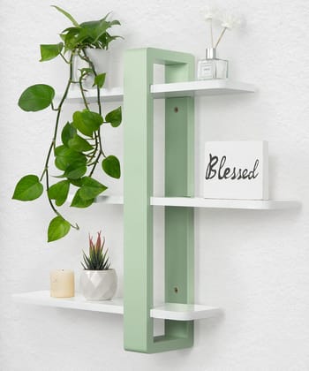 Floating Wall Shelves 3-Tier Mounted Shelving Unit; Large Decorative Shelf for Home Storage, Ideal for Plants and Photos in Bedroom, Living Room, or Office-Mint Green&White