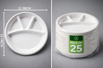 WEKTU Premium 11-Inch Eco-Friendly Sugarcane Bagasse 4-Compartment Disposable Plates (Pack of 25)