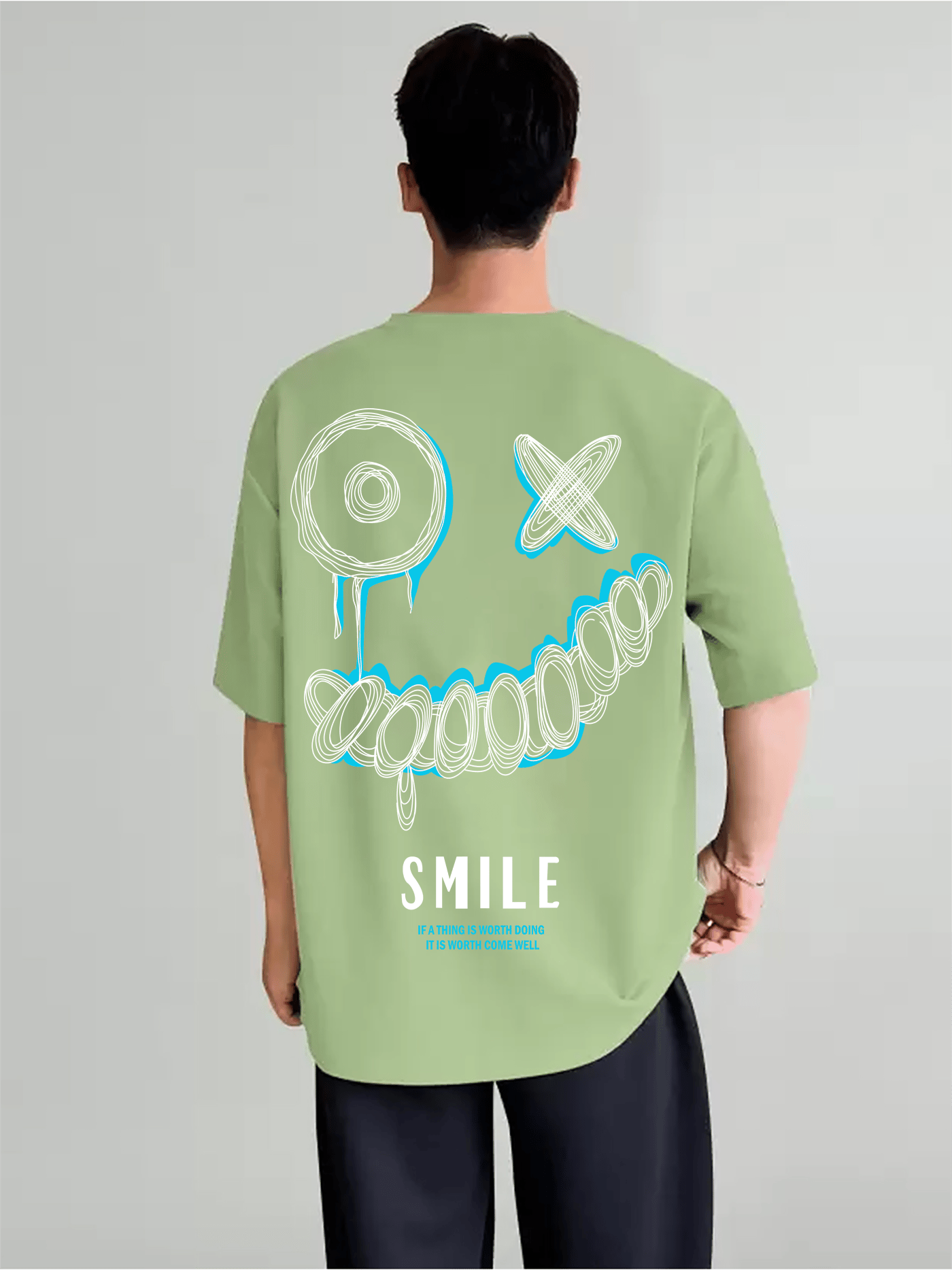 SCOTT FINCHER Men's Casual Loose Short Sleeve Smiley Face T-Shirt Harajuku Streetwear Hip Hop Tops : AA(ARN)LGREEN_03