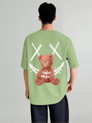SCOTT FINCHER Men's Streetwear Hip Hop T-Shirt with Distressed Teddy Bear Graphic printed T-Shirt : AA(ARN)LGREEN_08