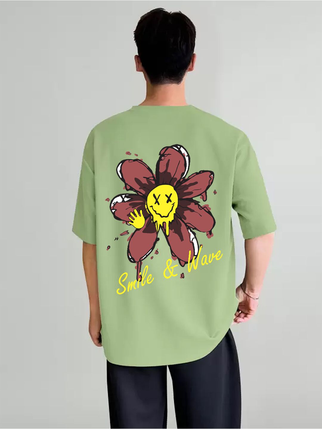 SCOTT FINCHER Men's Short Sleeve T-Shirt with Smiley Face Flower Graphic in Green : AA(ARN)LGREEN_204