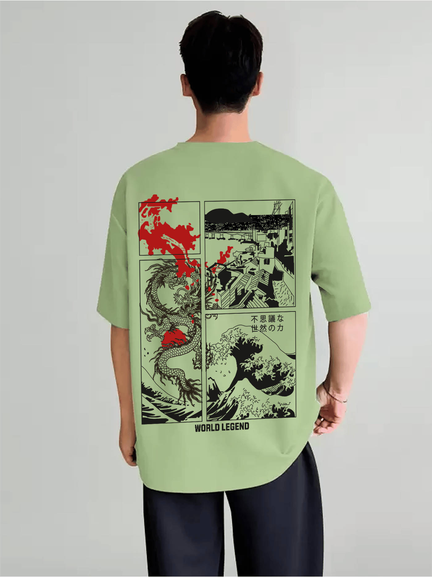 SCOTT FINCHER Men's T-Shirt with Dragon and Wave Graphic : AA(ARN)LGREEN_247
