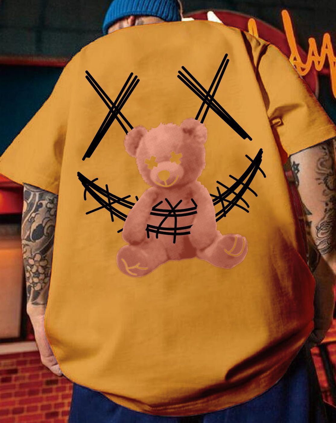 SCOTT FINCHER Men's Harajuku Streetwear T-Shirt with Distressed Teddy Bear Graphic : AA(ARN)MUSTARD_08