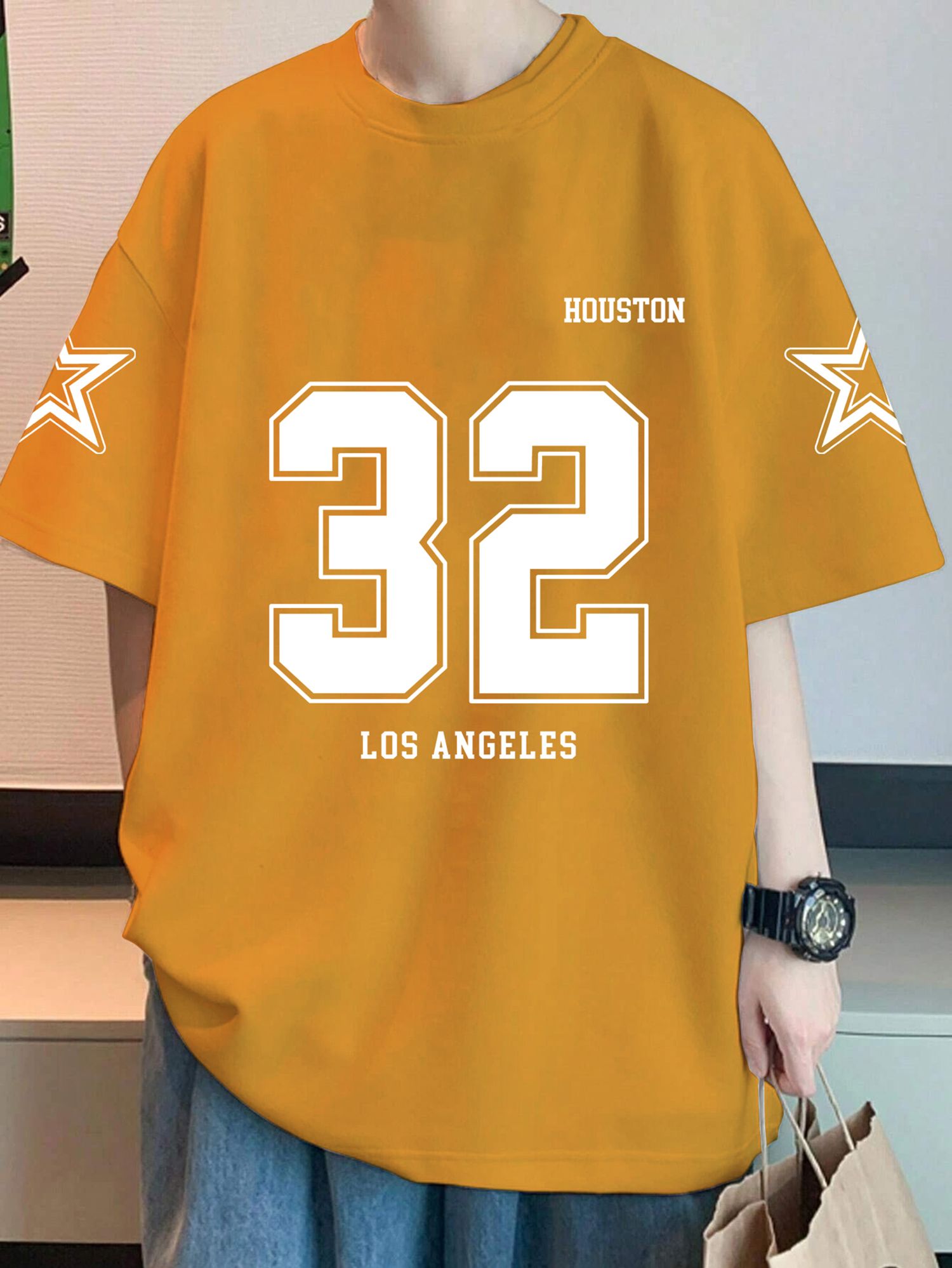 SCOTT FINCHER Men's Summer Casual Short Sleeve T-Shirt Houston 32 Los Angeles Print Loose Fit Tee Shirt : AA(ARN)MUSTARD_43