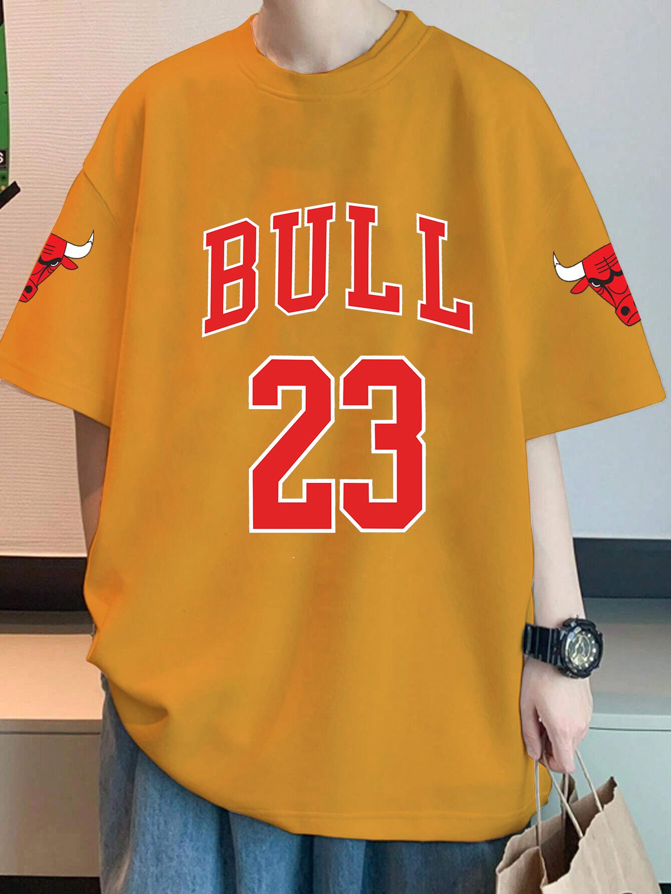 SCOTT FINCHER Men's Casual Loose Short Sleeve T-shirt with BULL 23 Graphic Print in Yellow : AA(ARN)MUSTARD_79