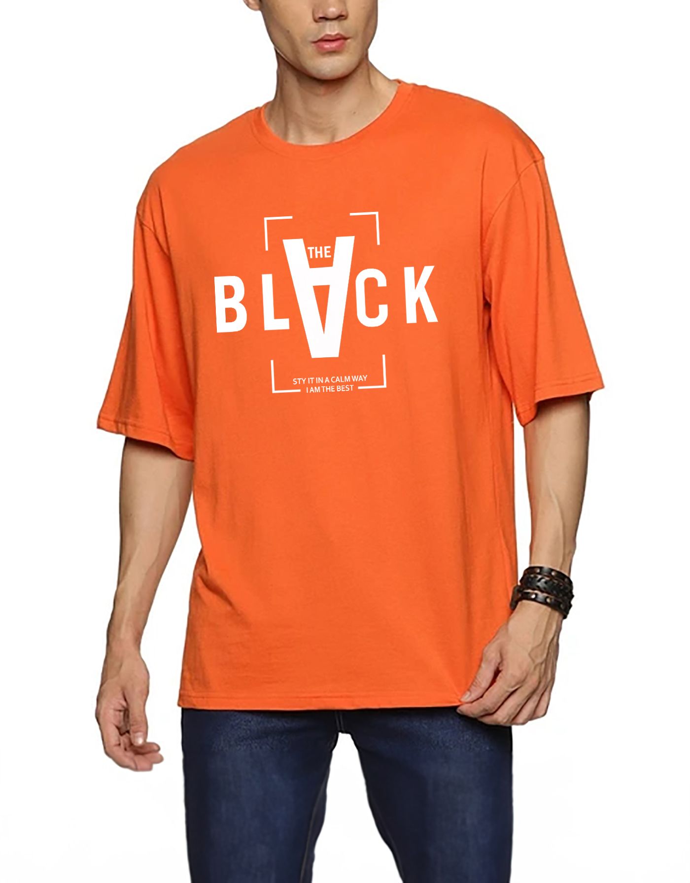 SCOTT FINCHER Men's THE BLACK Stay in a Calm Way I Am the Best Printed Half Sleeve Round Neck T-Shirt : AA(ARN)ORANGE_01