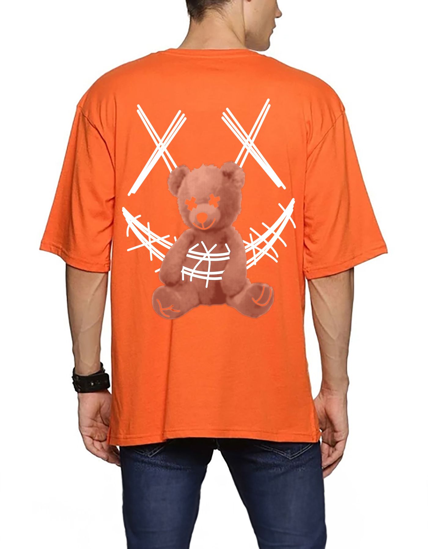 SCOTT FINCHER Men's Orange Oversized T-Shirt with Creepy Teddy Bear Graphic : AA(ARN)ORANGE_08