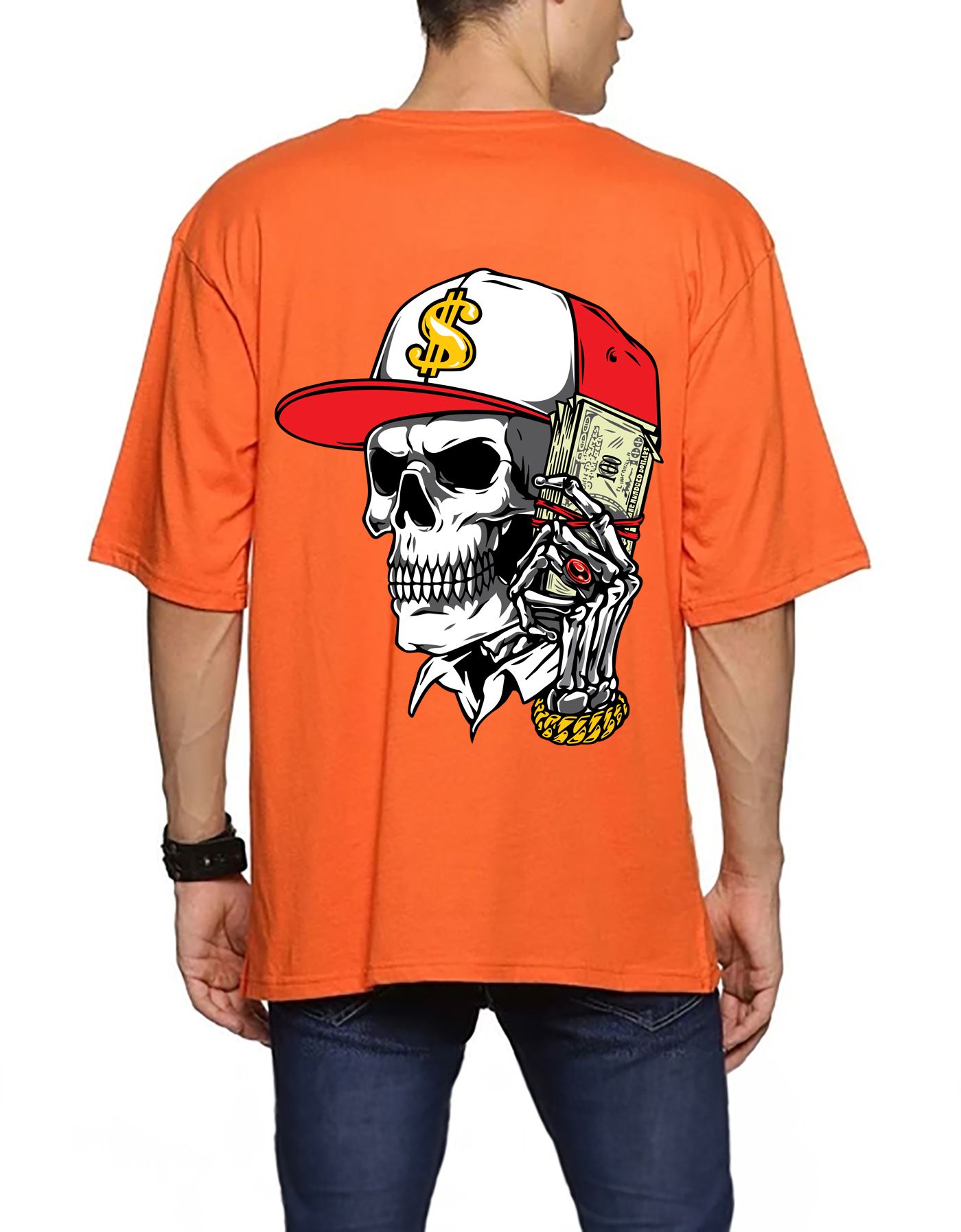 SCOTT FINCHER Men's Graphic Tee Shirt with Skull and Money Design T-shirt : AA(ARN)ORANGE_196
