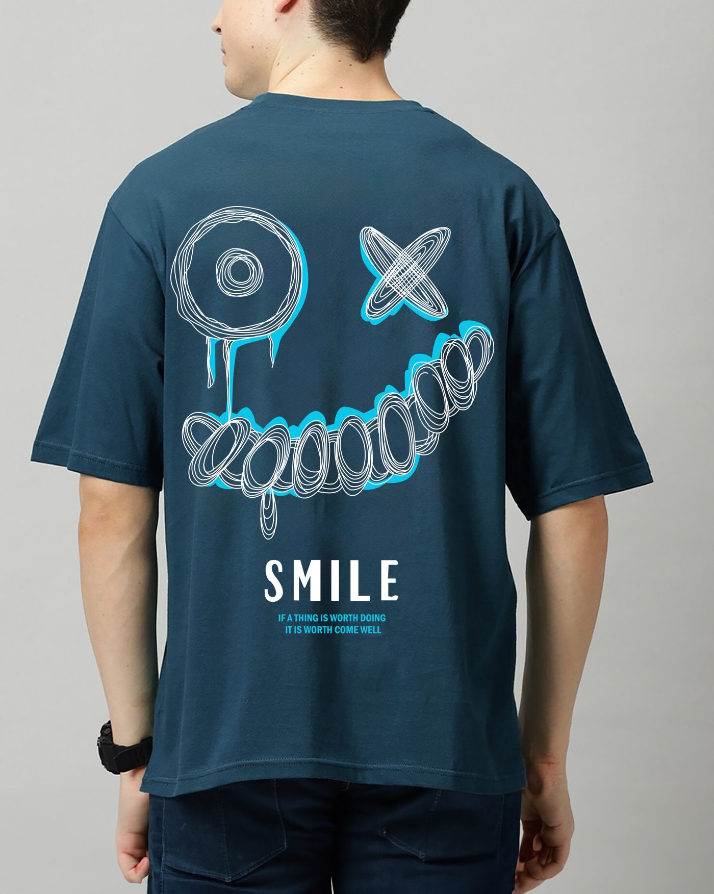 SCOTT FINCHER Men's Blue Graphic T-Shirt with Smiley Face Design : AA(ARN)TBLUE_03