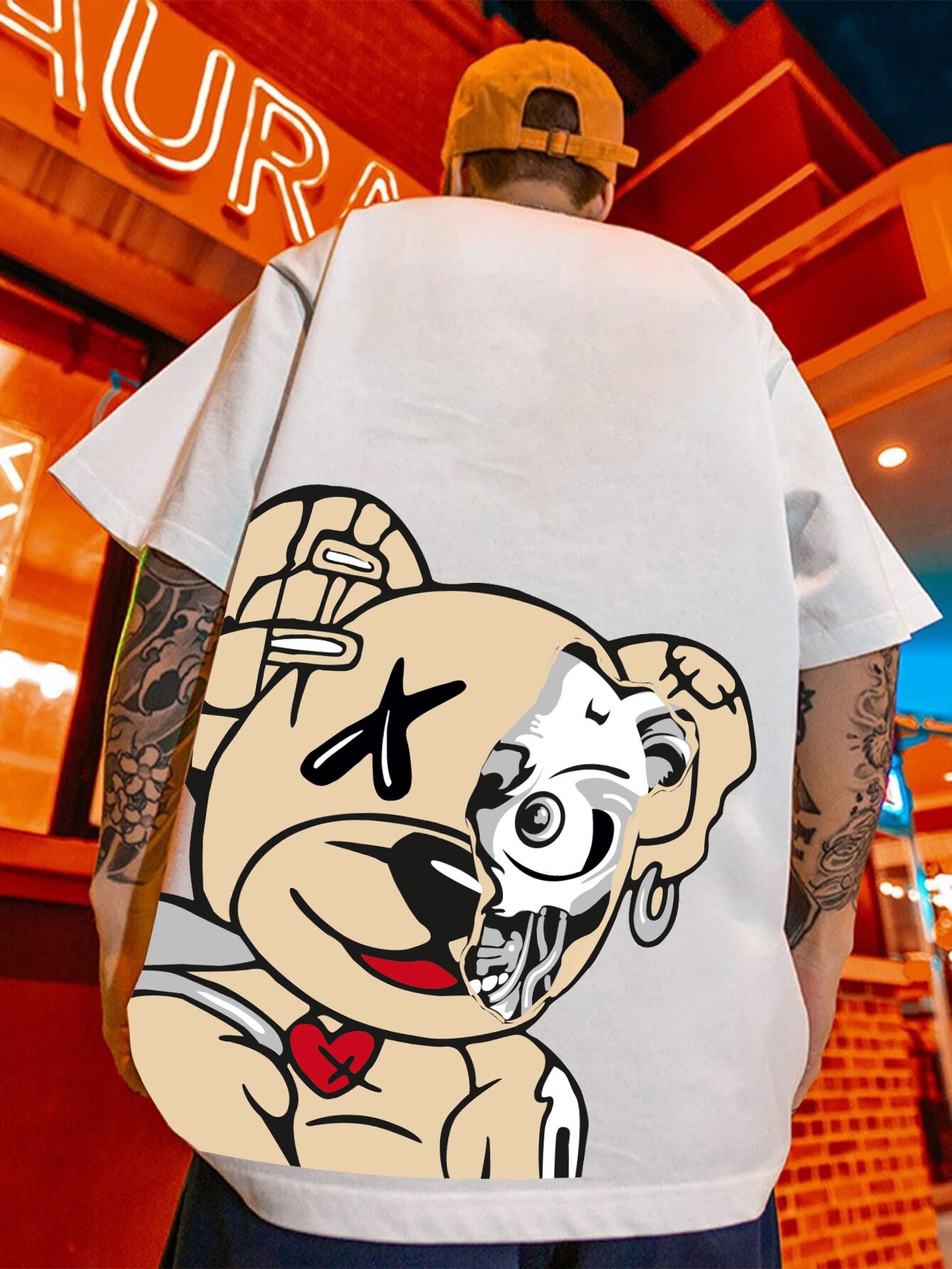 SCOTT FINCHER Men's Harajuku Streetwear T-Shirt with Teddy Bear Graphic : AA(ARN)WHITE_42