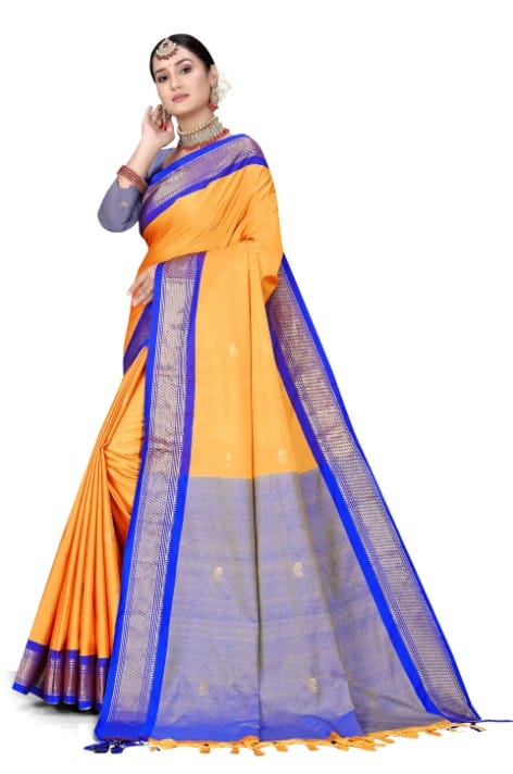 Amba And R.Blue Cotton Silk Saree With Contrast Blouse And Contrast Pallu Allover Zari Butta