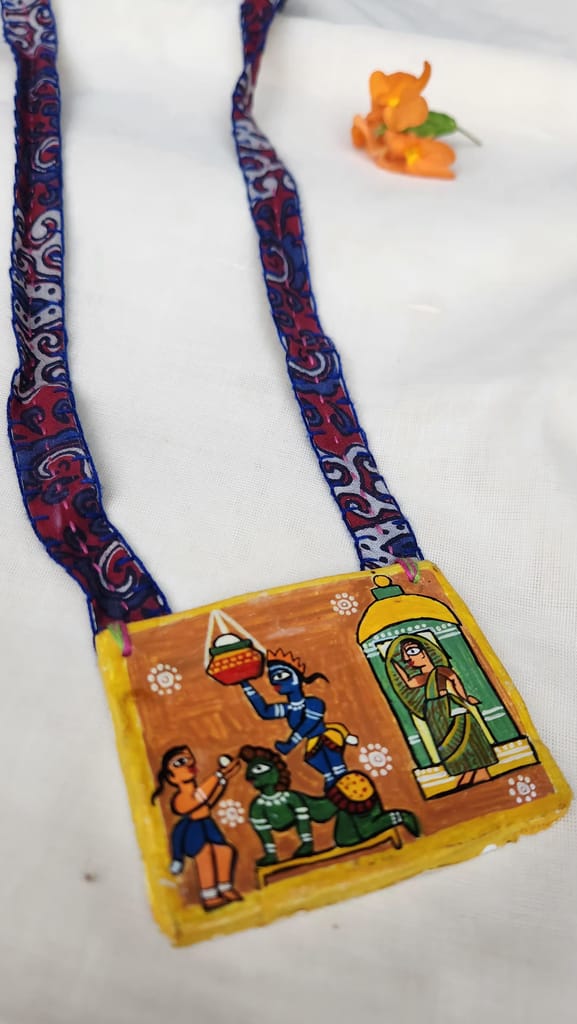 Handmade pendant necklace with hand painted Madhubani art pendant