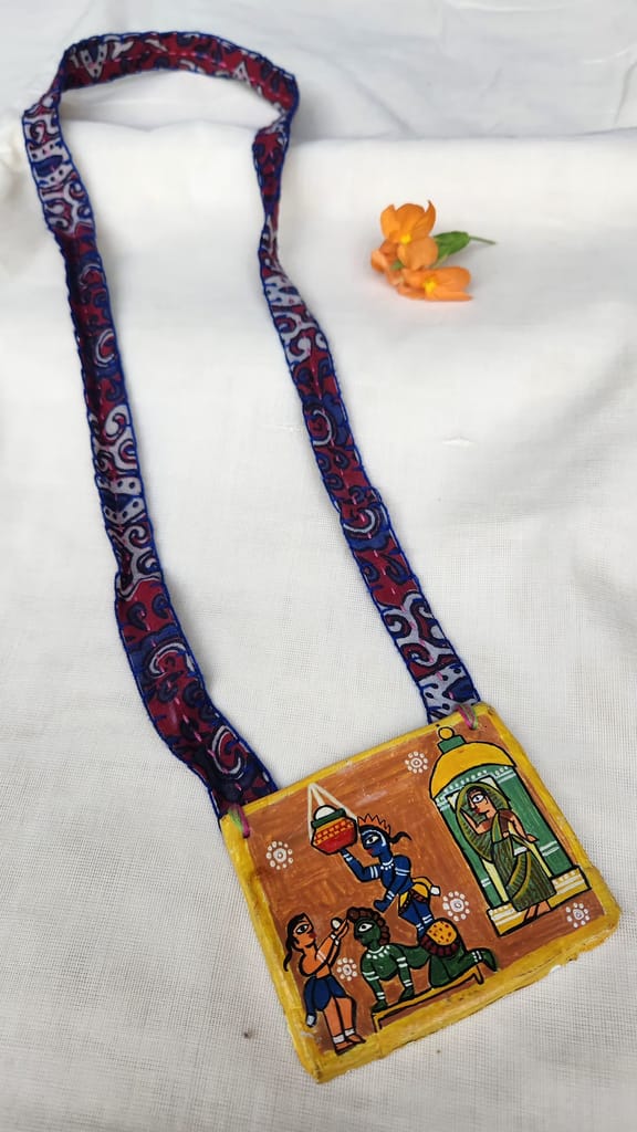 Handmade pendant necklace with hand painted Madhubani art pendant