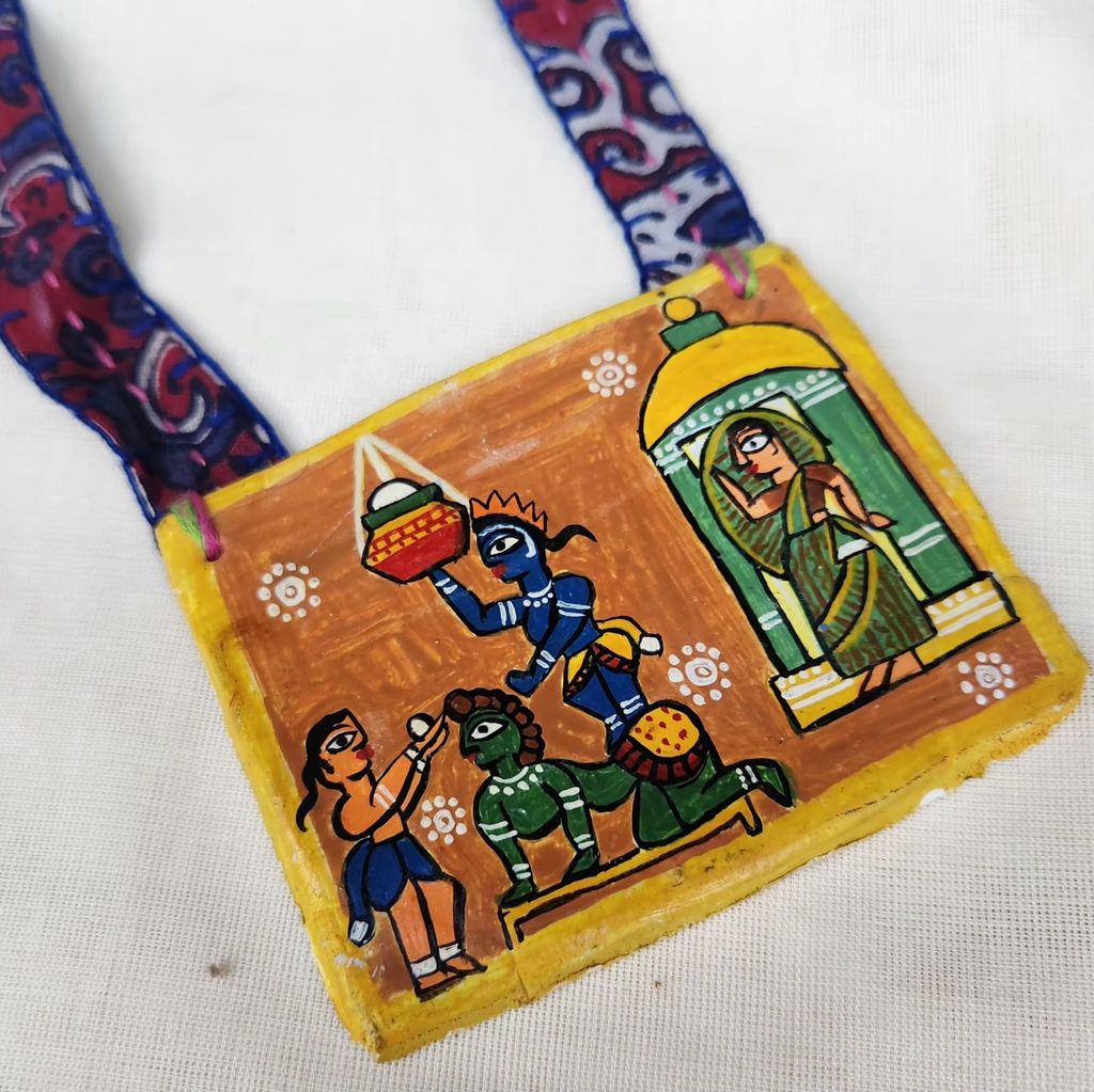 Handmade pendant necklace with hand painted Madhubani art pendant