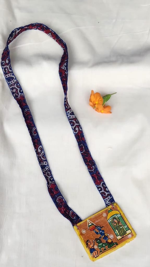 Handmade pendant necklace with hand painted Madhubani art pendant