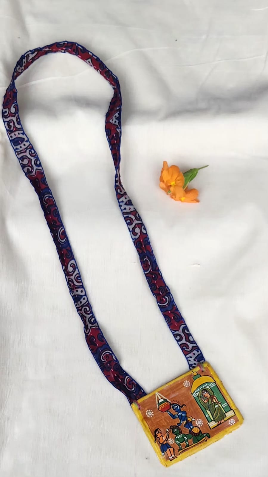 Handmade pendant necklace with hand painted Madhubani art pendant