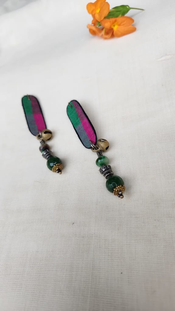 Green and pink fabric earrings with bells and jade beads