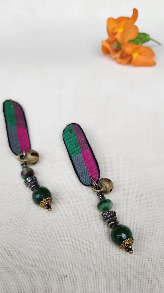 Green and pink fabric earrings with bells and jade beads