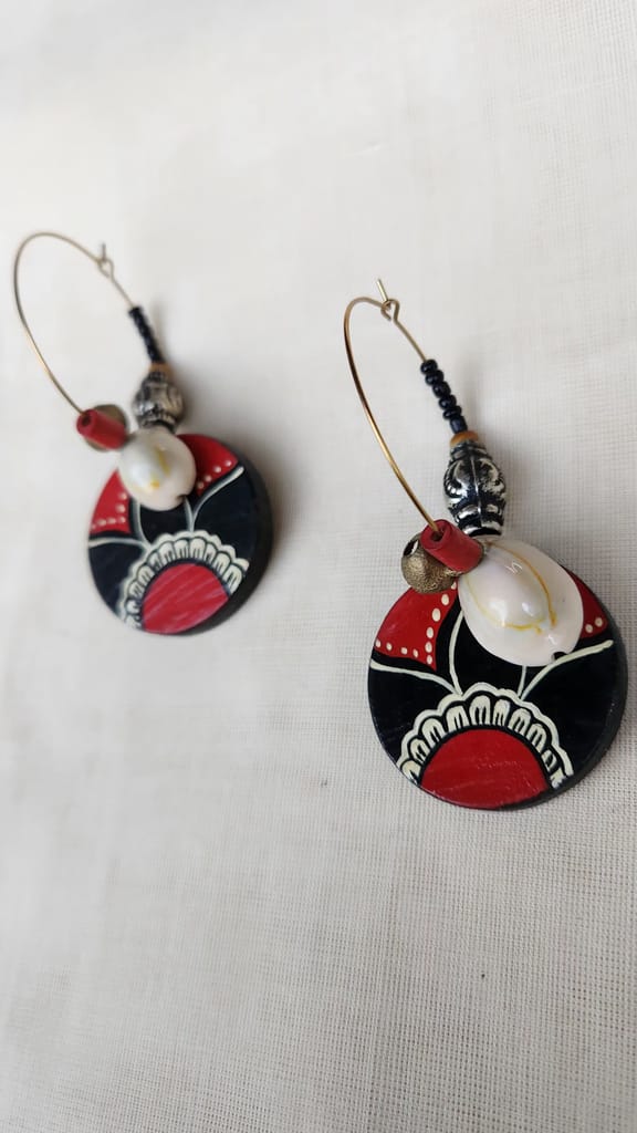 Handmade Wooden Earrings with Red and Black Ethnic Design