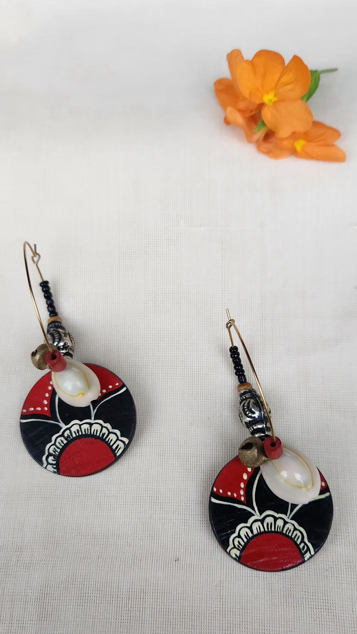 Handmade Wooden Earrings with Red and Black Ethnic Design
