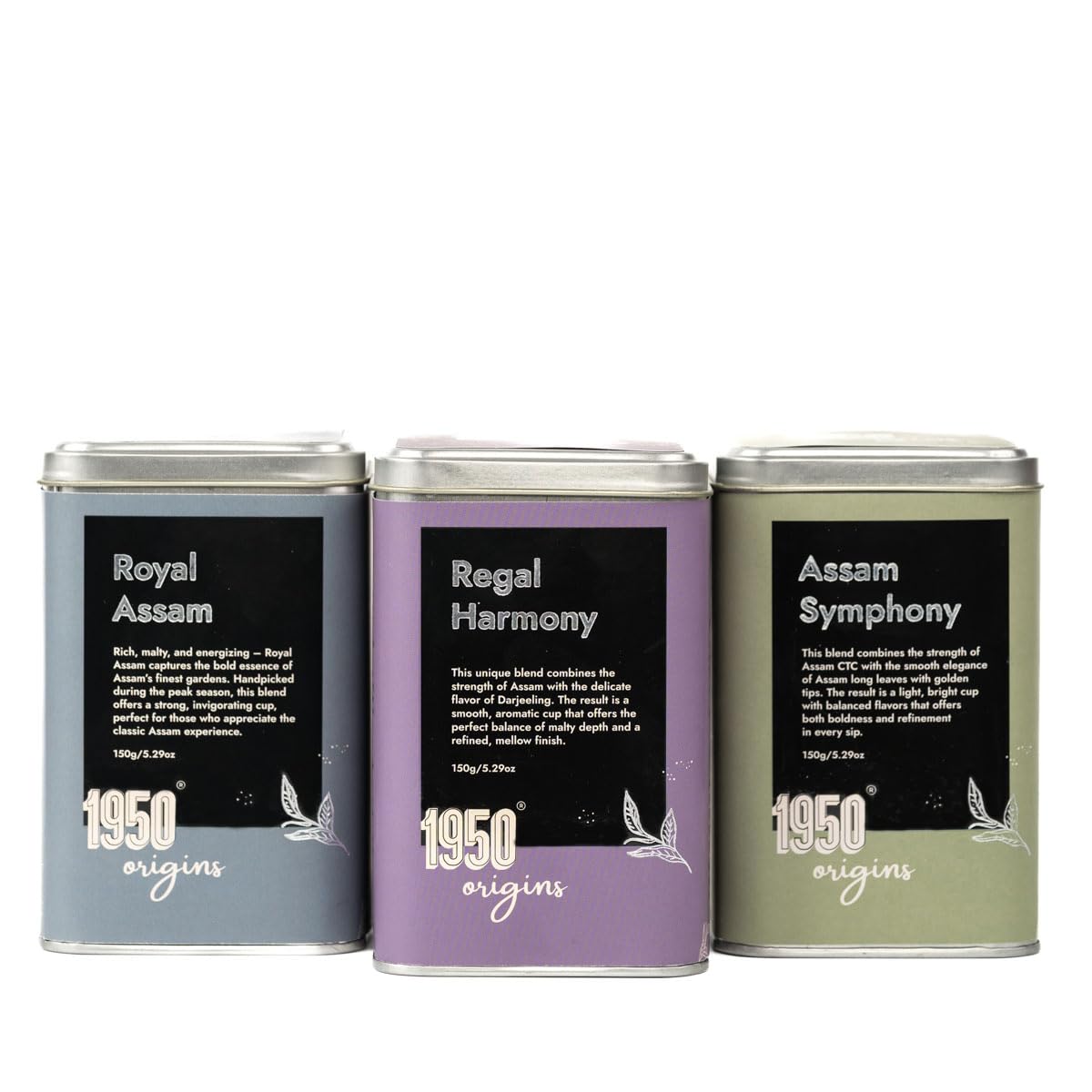 1950 Origins Premium Assam & Darjeeling Black Tea Combo Pack of 3 Tin Caddies (3 x 150g) | Symphony, Royal Assam & Regal Harmony | 100% Natural Long Leaf Loose Tea | Rich, Strong & Fresh Flavor