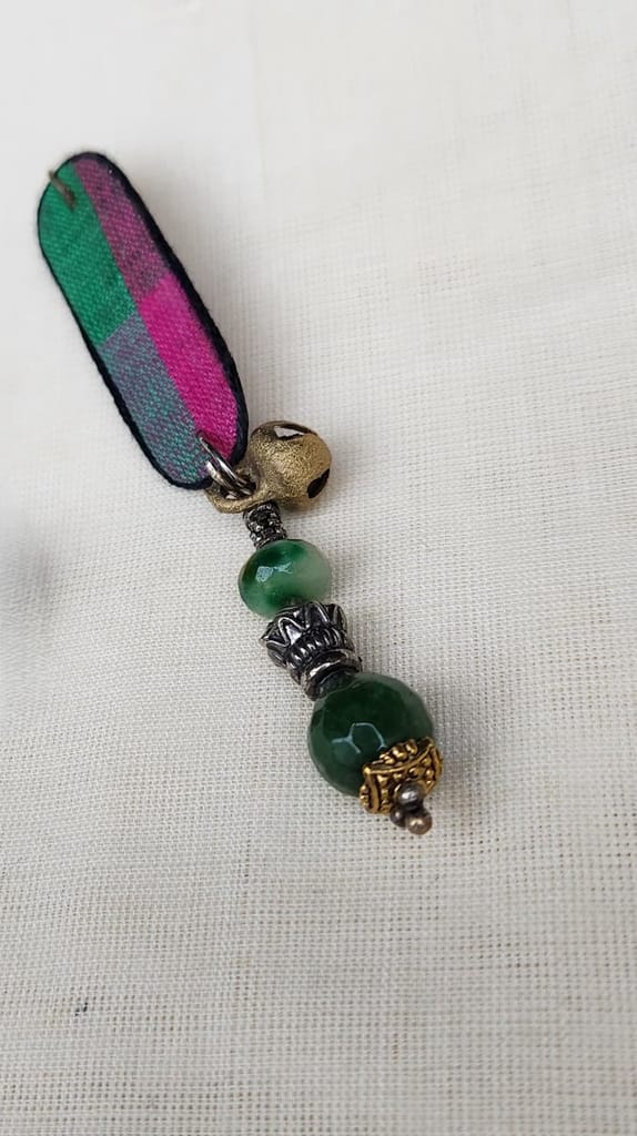 Green and pink fabric earrings with bells and jade beads