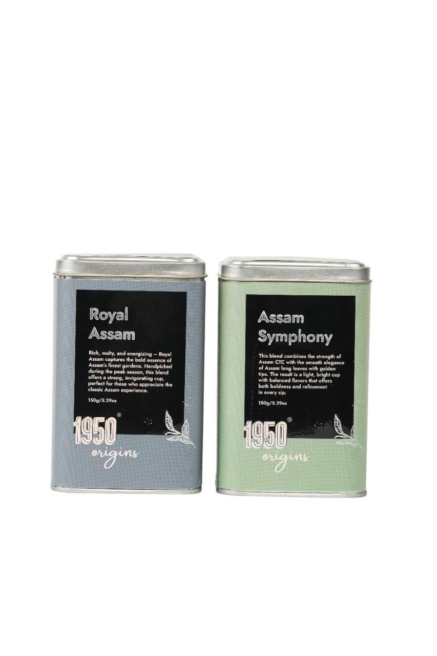 1950 Origins Combo Pack-Royal Assam&Assam Symphony|100% Natural Loose Leaf Tea|Assorted Black Tea Gift Pack – Premium Assam CTC & Long Leaf|Rich,Strong & Fresh|Kadak Chai|Tin Caddy, 150 gm X 2