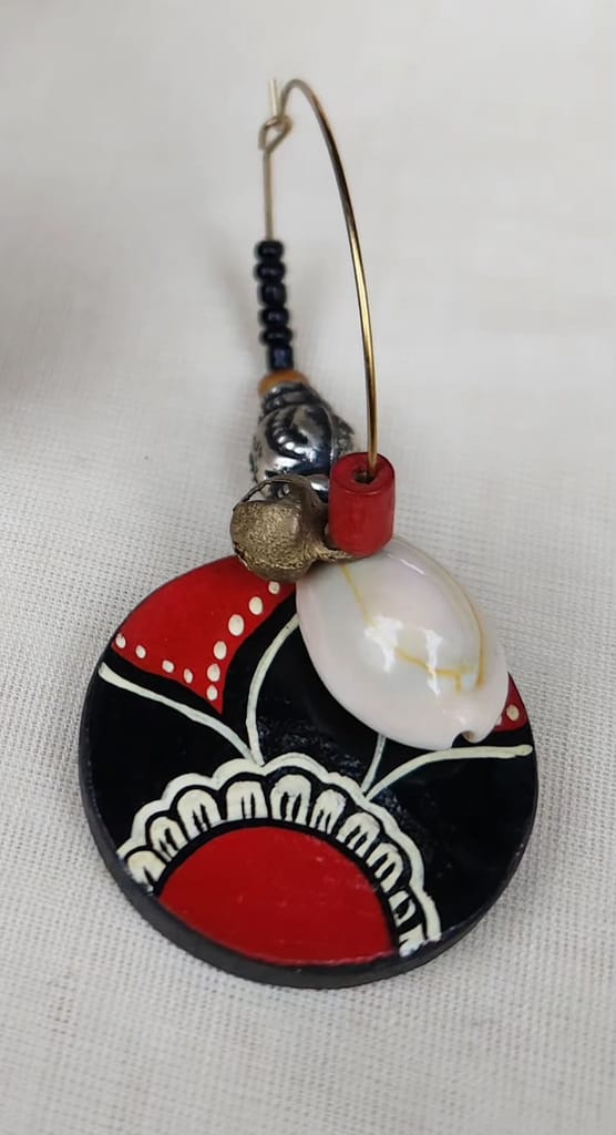Handmade Wooden Earrings with Red and Black Ethnic Design