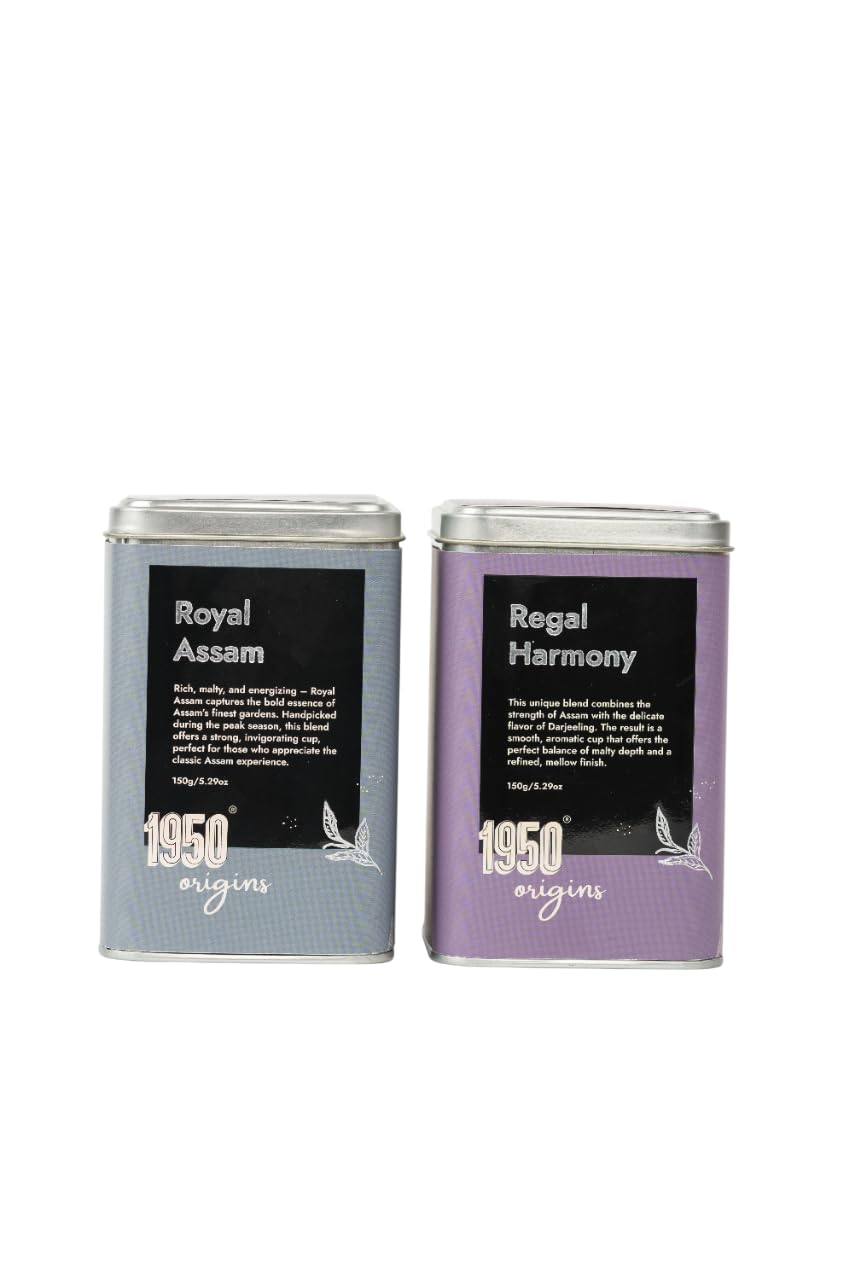 1950 Origins Combo Pack-Royal Assam&Regal Harmony|100% Natural Loose Leaf Tea|Assorted Black Tea Gift Pack – Premium Assam & Long Leaf Darjeeling Tea|Rich,Strong & Fresh|Tin Caddy,150 gm x2