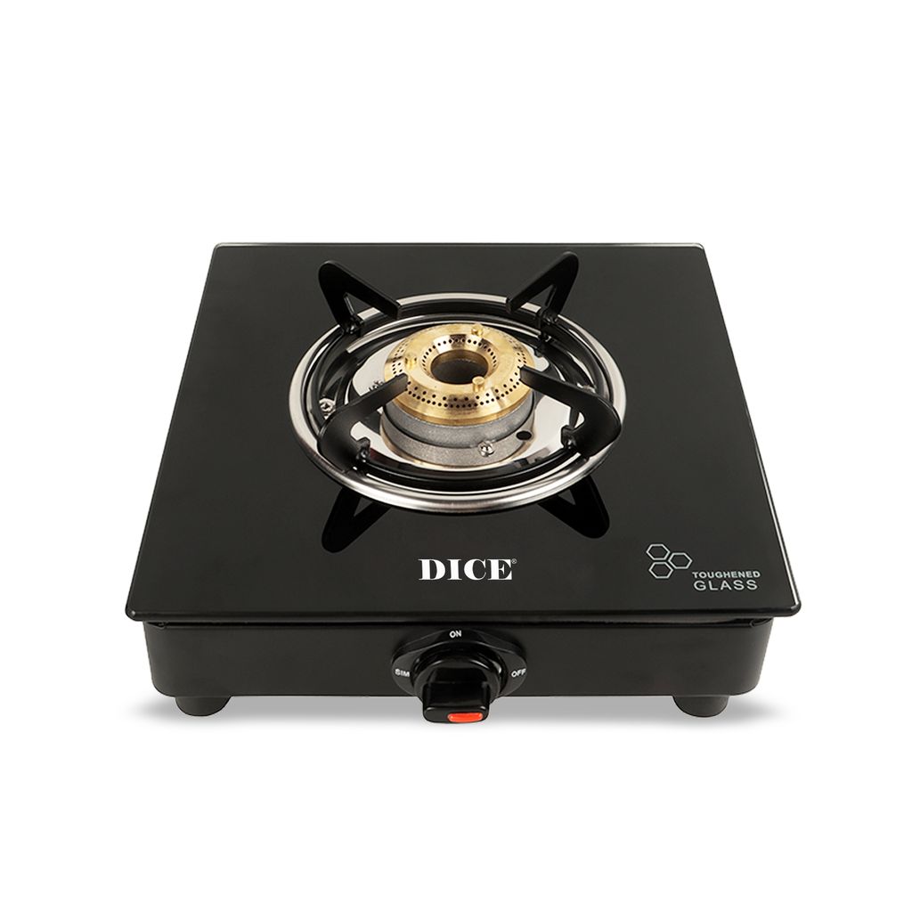Dice 1 Burner Manual Gas Stove Toughened Glass Top, High-Efficiency Brass Burner, Sleek & Compact Design(Black)