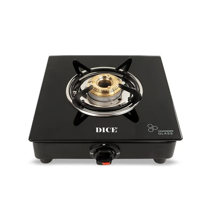Dice 1 Burner Manual Gas Stove Toughened Glass Top, High-Efficiency Brass Burner, Sleek & Compact Design(Black)
