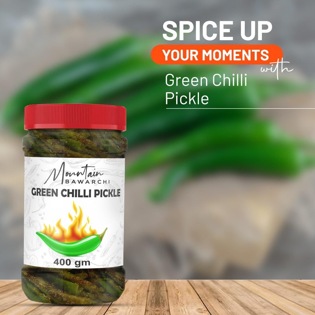 Mountain Bawarchi Green Chilli Pickle | Home made Hari Mirchi ka Achar | Chilli Pickles in Fresh Form (400g)