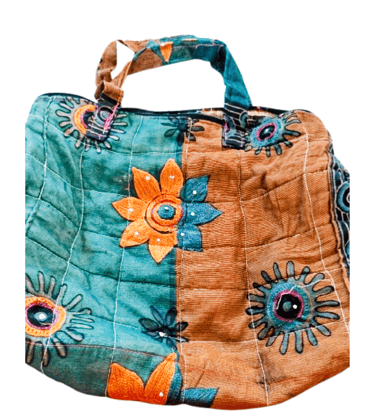  Quilted Hand Embroidered Tote Bag with Floral Applique and Mirror Work