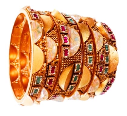  Exquisite and elegant gold plated bangles with intricate meenakari work and studded with shimmering pink and green stones. Perfect for traditional occasions and weddings.
