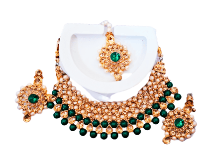  Pearl and Green Stone Kundan Necklace Set with Maang Tikka
