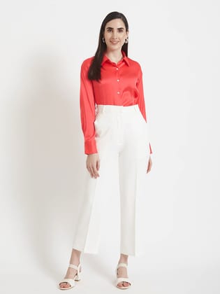Women'S  Premium Ruby Pink Regular Fit Solid  Satin Shirt With White Straight Fit Trouser-S / 28
