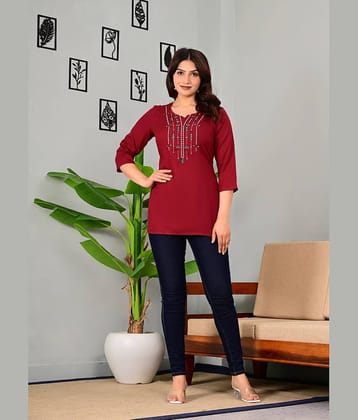 P PRIYA FASHION Women Viscose Rayon Embroidered Shirt Style Kurti ( Maroon )