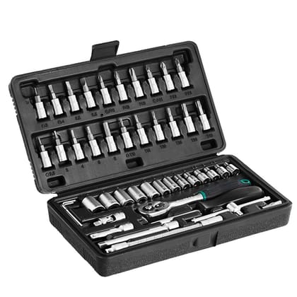 DHRUVINSRI 46-Piece Metal 1/4 Inch Socket Set (Black) – Comprehensive Set of Quality Sockets for Automotive and Home Repairs