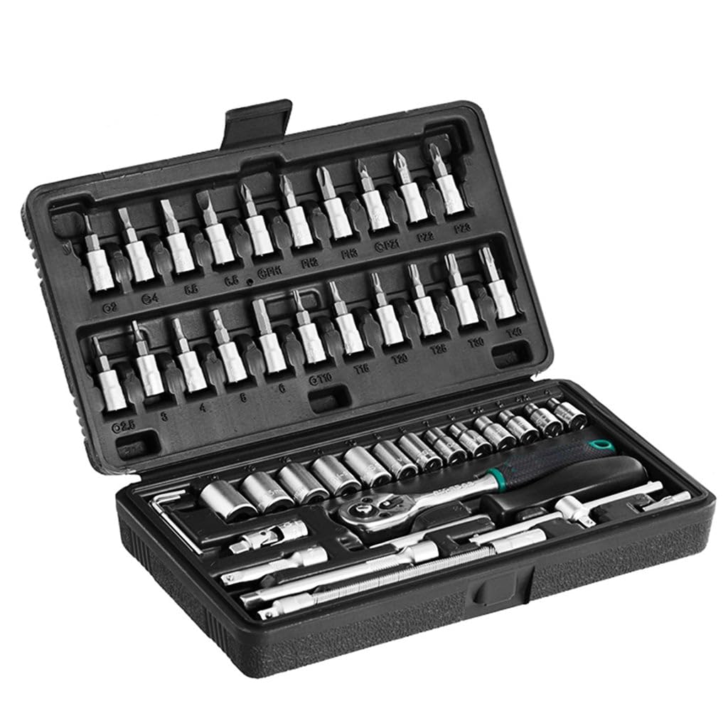 DHRUVINSRI 46-Piece Metal 1/4 Inch Socket Set (Black) – Comprehensive Set of Quality Sockets for Automotive and Home Repairs