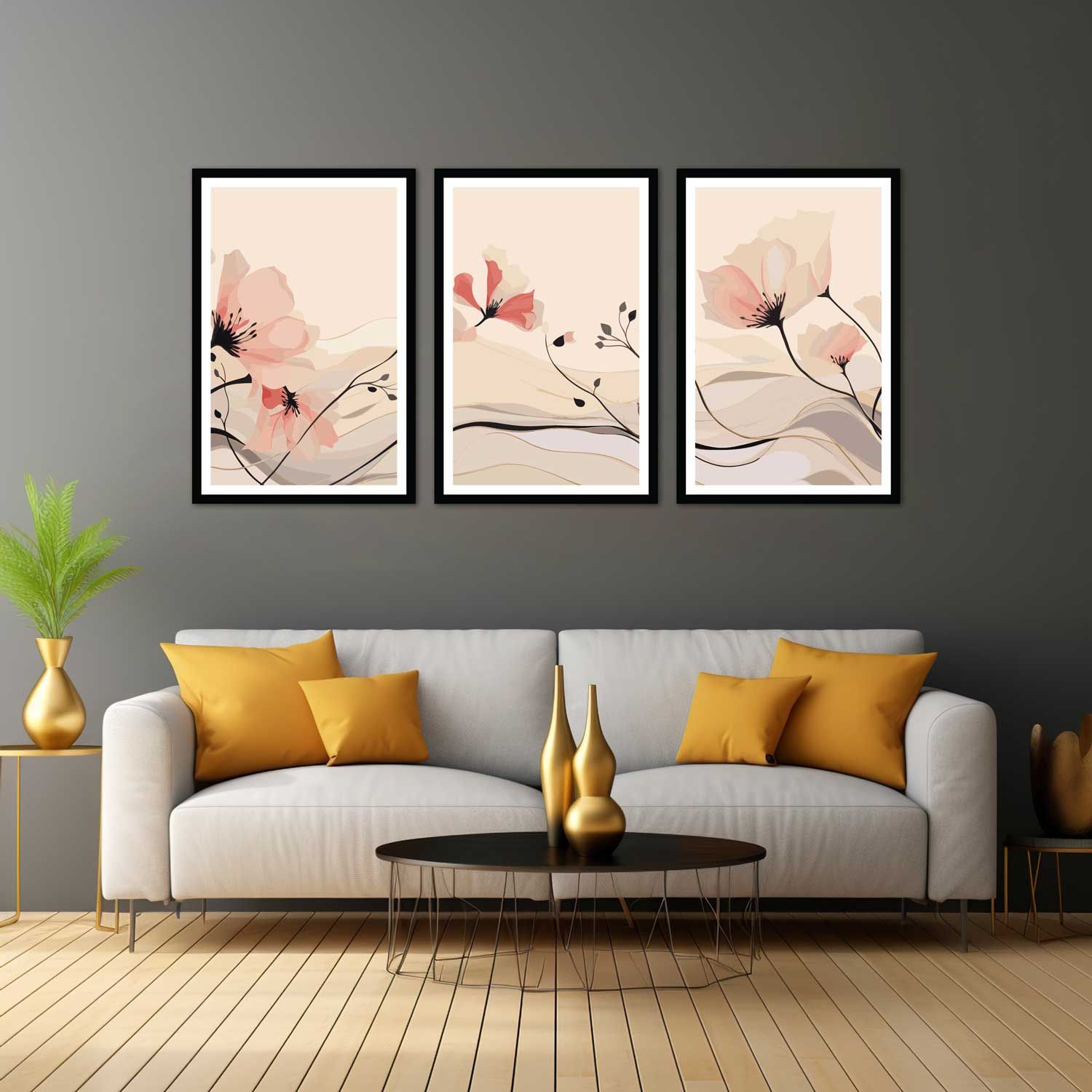 SET OF 3 DECORATIVE STYLE PRINTS 48in X 24in WITH BLACK FRAME