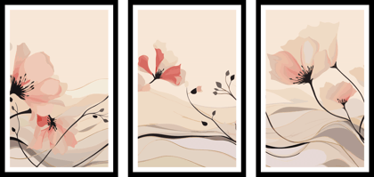 SET OF 3 DECORATIVE STYLE PRINTS 48in X 24in WITH BLACK FRAME