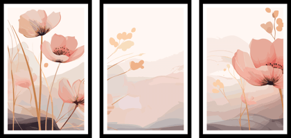 SET OF 3 BOTANICAL FLORAL PAINTINGS 48in X 24in WITH BLACK FRAME