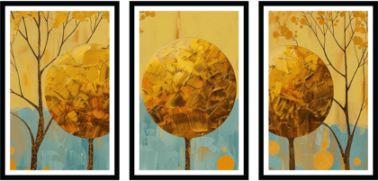 BLOMMING GOLDEN 3 PIECE PAINTINGS 48in X 24in WITH BLACK FRAME