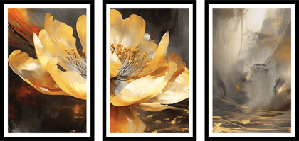SET OF 3 YELLOW FLOWER PAINTING 48in X 24in WITH BLACK FRAME