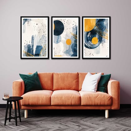 SET OF 3 ABSTRACT WATERCOLOUR PAINTINGS 48in X 24in WITH BLACK FRAME