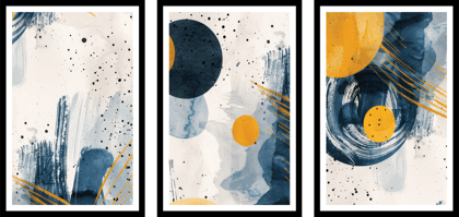SET OF 3 ABSTRACT WATERCOLOUR PAINTINGS 48in X 24in WITH BLACK FRAME