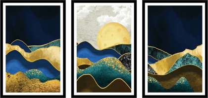 SET OF 3 ABSTRACT GOLDEN MODERN ART 48in X 24in WITH BLACK FRAME