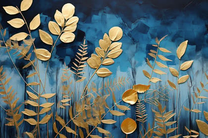 BLUE AND GOLD ABSTRACT BOTANICAL PAINTING 24in X 16in WITH BLACK FRAME