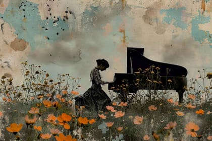 PIANO IN THE FIELD 24in X 16in WITH BLACK FRAME