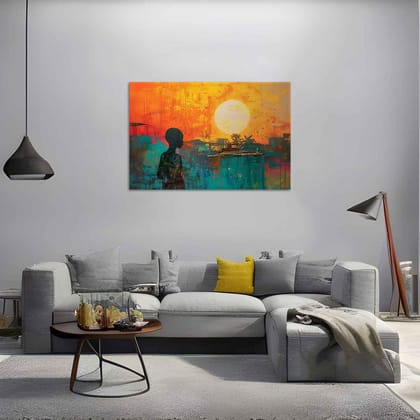 AFRICAN SUNSET PAINTING 24in X 16in WITH BLACK FRAME